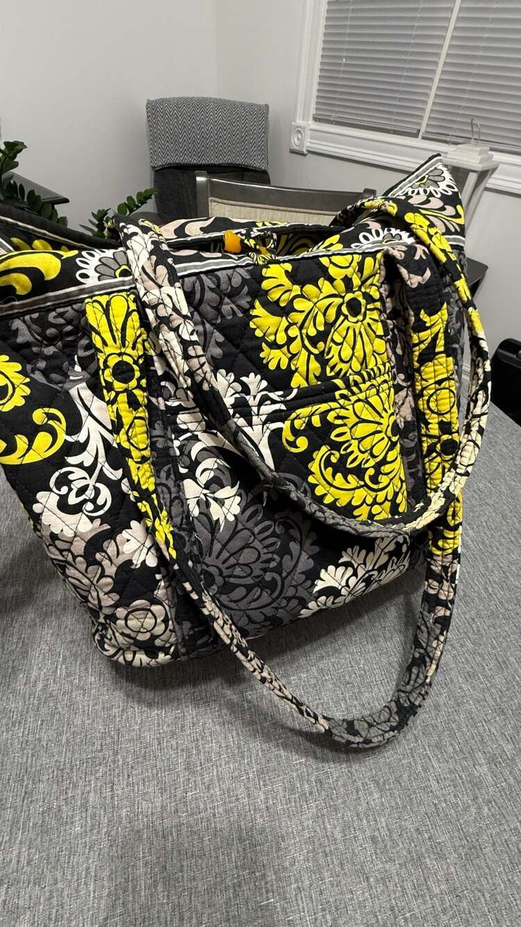 Vera Bradley Baroque Pattern Quilted Tote Bag Black Yellow Gray